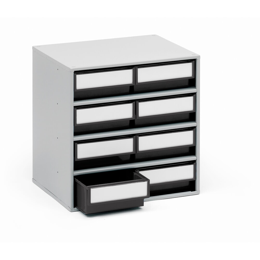 Produktabbildung: TRESTON ESD-Schubladenmagazin, beständig gegen Öle, Säuren und Lösungsmittel, HxBxT 400 x 400 x 300 mm, 8 Schubladen