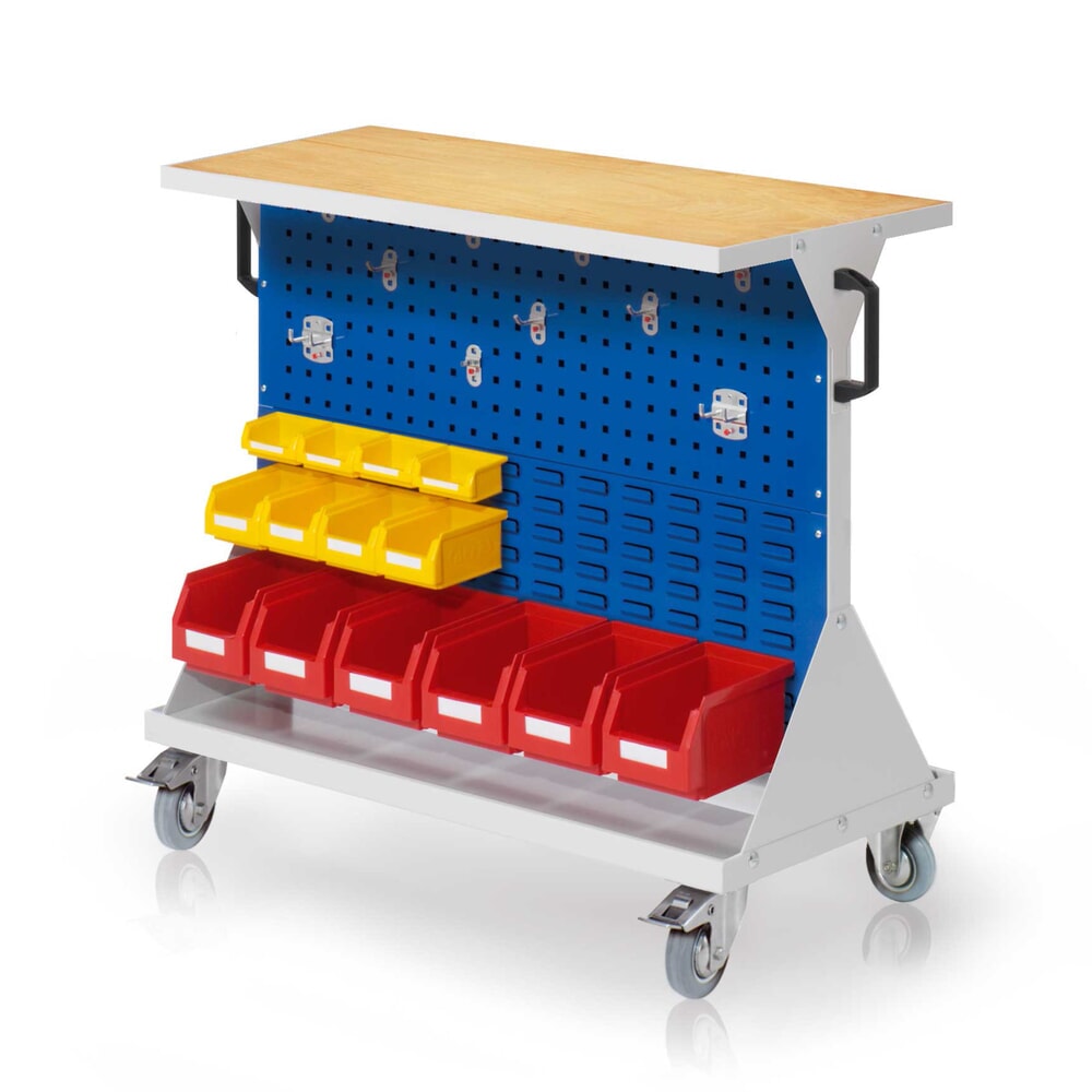 Produktabbildung: Kappes Rastermobil-Rollwagen, HxBxT 930 mm x 1000 mm x 500 mm, mit Auflageboden inkl. Multiplex-Werkbankplatte, lichtgrau/enzianblau