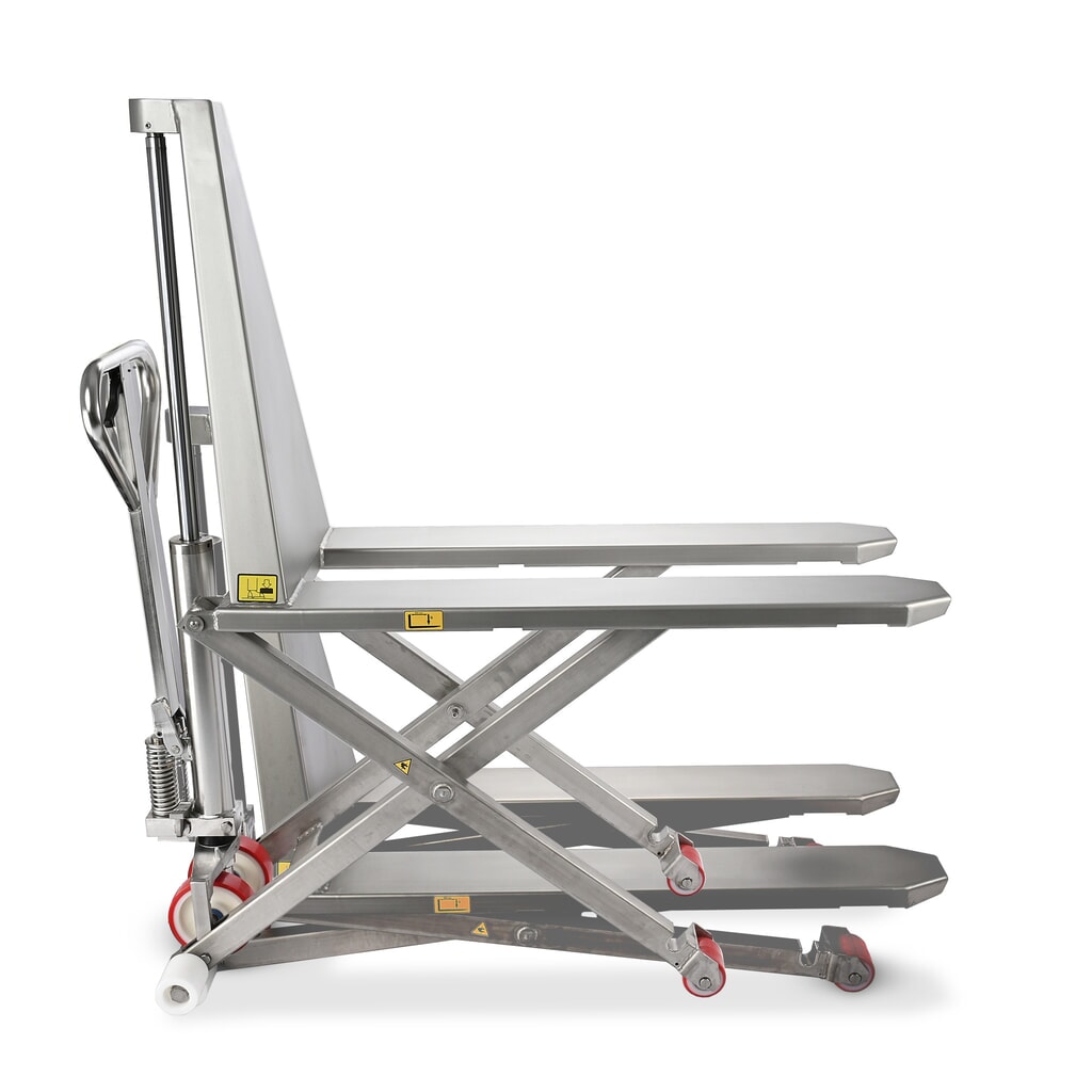 Edelstahl-Scherenhubwagen Ameise® PTM 1.0 Scissor INOX, Tragfähigkeit 1000 kg, Gabellänge 1200 mm, Nylon Produktabbildung: Edelstahl-Scherenhubwagen Ameise® PTM 1.0 Scissor INOX, Tragfähigkeit 1000 kg, Gabellänge 1200 mm, Nylon