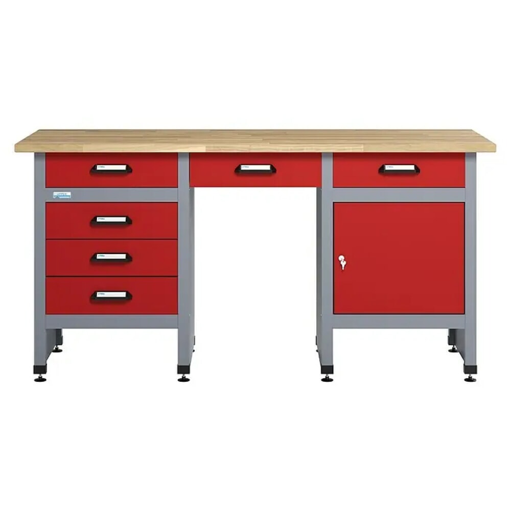 Produktabbildung: Werkbank mit Schubladenblock + Tür + Sitzraum, BxT 1.700 x 600 mm, rot