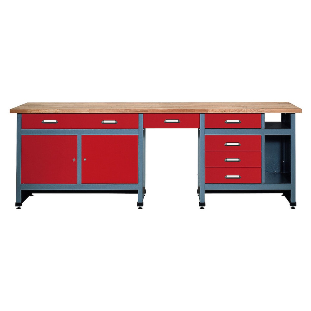 Produktabbildung: Werkbank mit Schubladenblock + 2 Türen + Sitzraum, BxT 2.400 x 600 mm, rot