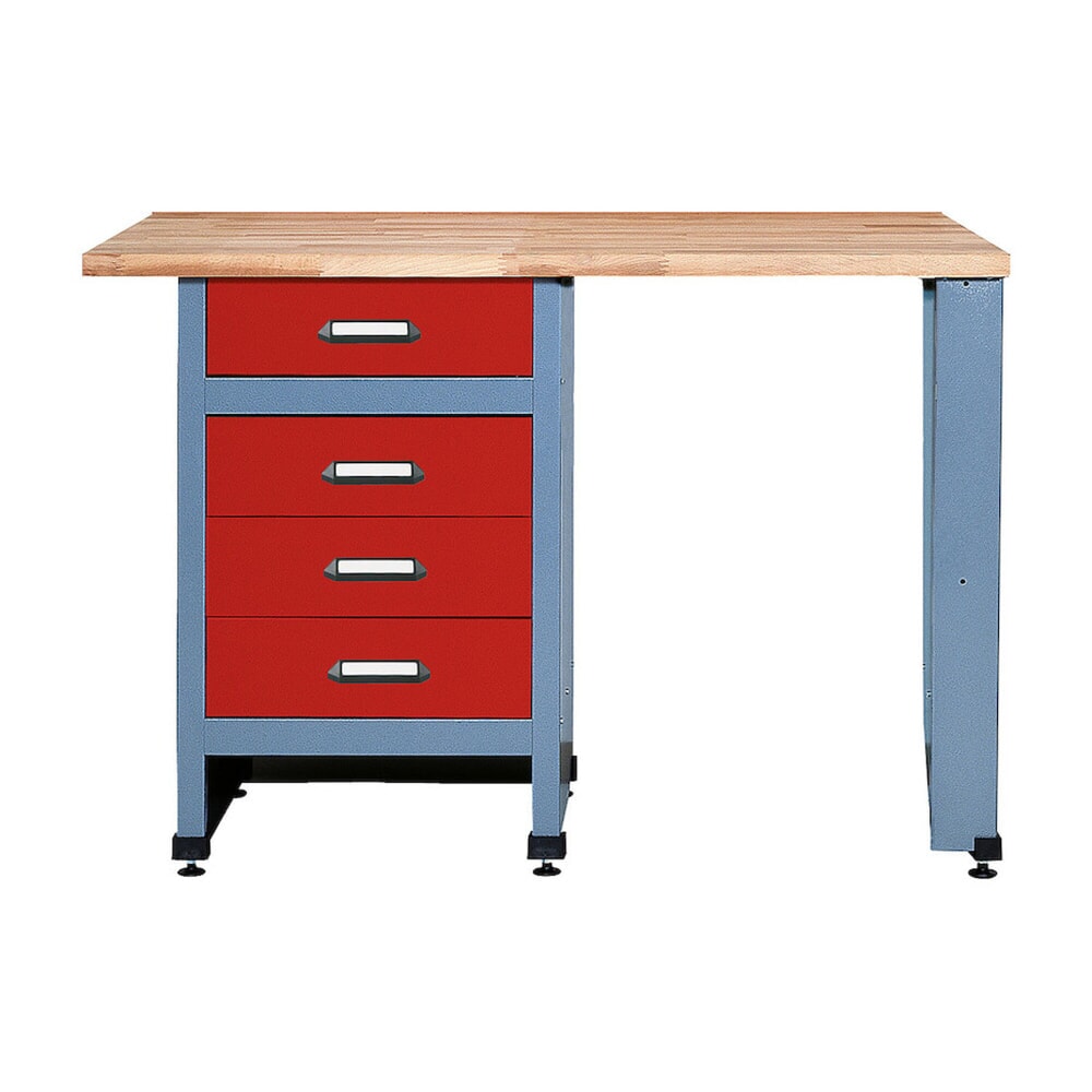 Produktabbildung: Werkbank mit 4 Schubladen + Sitzraum, BxT 1.200 x 600 mm, rot