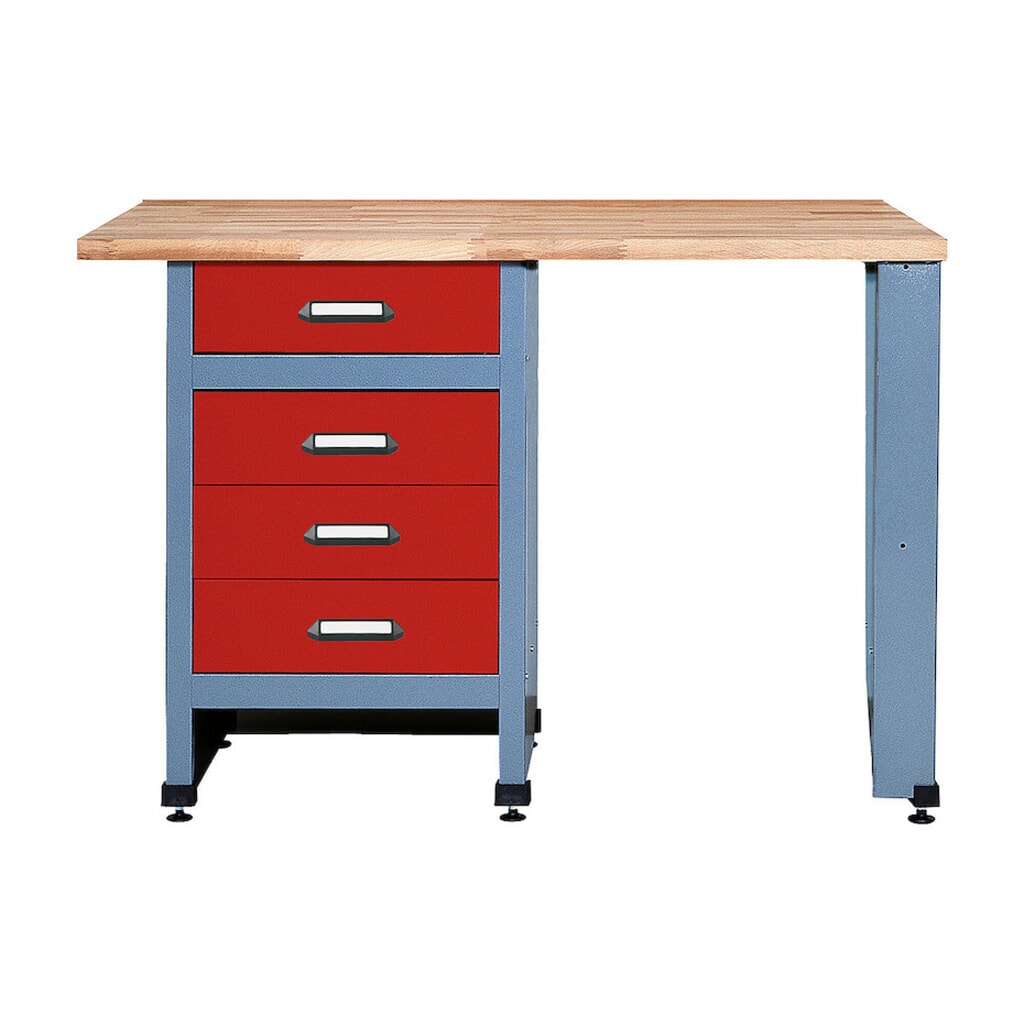 Werkbank mit 4 Schubladen + Sitzraum, BxT 1.200 x 600 mm, rot Produktabbildung: Werkbank mit 4 Schubladen + Sitzraum, BxT 1.200 x 600 mm, rot