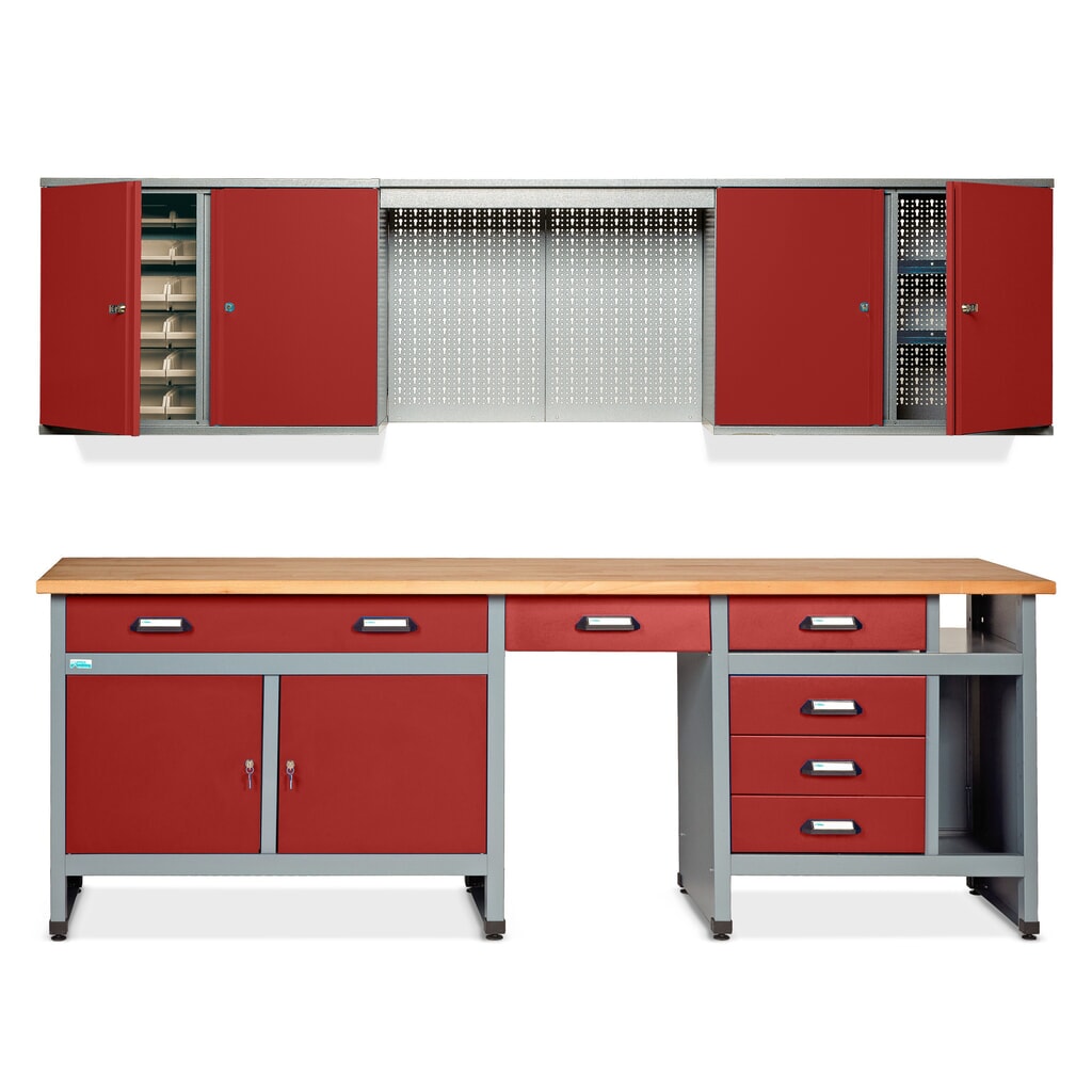 Werkstatt-Set Bern 2-teilig, Hängeschrank + Werkbank, Breite 2.400 mm, rot Produktabbildung: Werkstatt-Set Bern 2-teilig, Hängeschrank + Werkbank, Breite 2.400 mm, rot