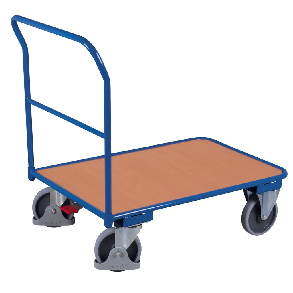 Produktabbildung: VARIOfit® Schiebebügel-Magazinwagen, Holzwerkstoff-Ladefläche, EasySTOP®-Bremssystem, HxBxT 990 mm x 950 mm x 500 mm, enzianblau