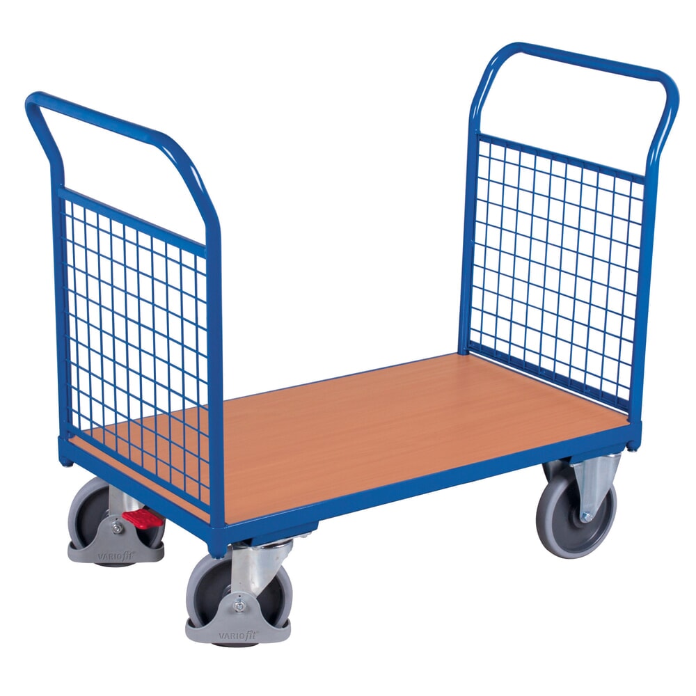 Produktabbildung Nr. 1: VARIOfit® Doppelstirnwandwagen, Gitterwand, Holzwerkstoff-Ladefläche, HxBxT 975 mm x 1040 mm x 500 mm, Tragfähigkeit 400 kg, enzianblau