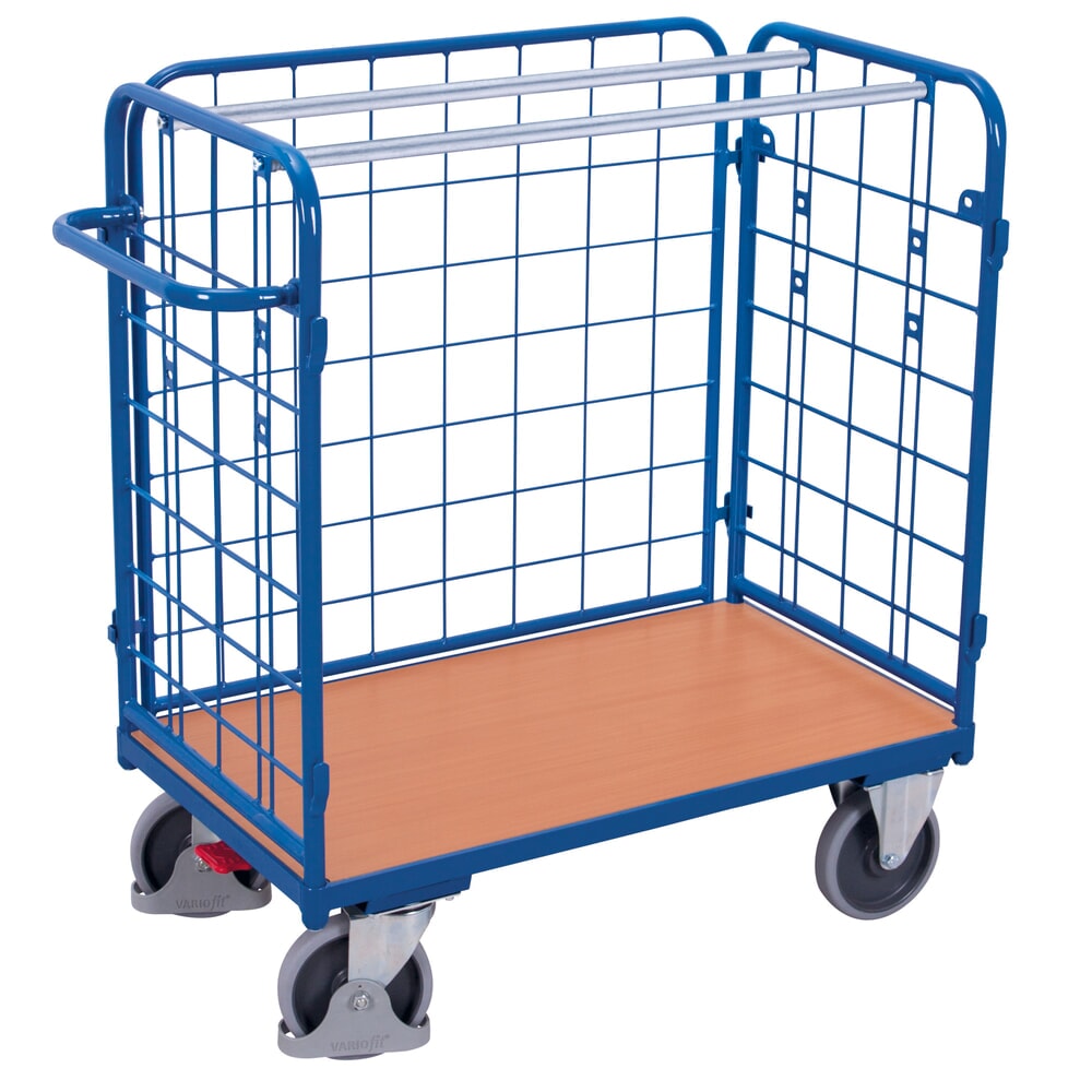 Produktabbildung Nr. 1: VARIOfit® 3-seitiger Rollbehälter, 3 Gitterwände, variable Einlegeböden, EasySTOP®-Bremssystem, HxBxT 1180 mm x 1040 mm x 525 mm, enzianblau