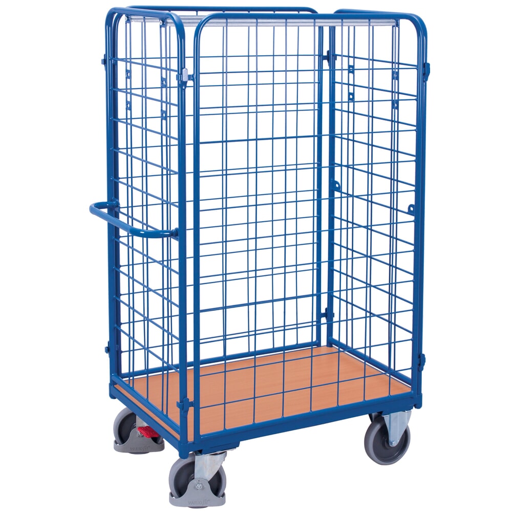 Produktabbildung: VARIOfit® 4-seitiger Rollbehälter, 4 Gitterwände, variable Einlegeböden, EasySTOP®-Bremssystem, HxBxT 1780 mm x 1040 mm x 540 mm, enzianblau