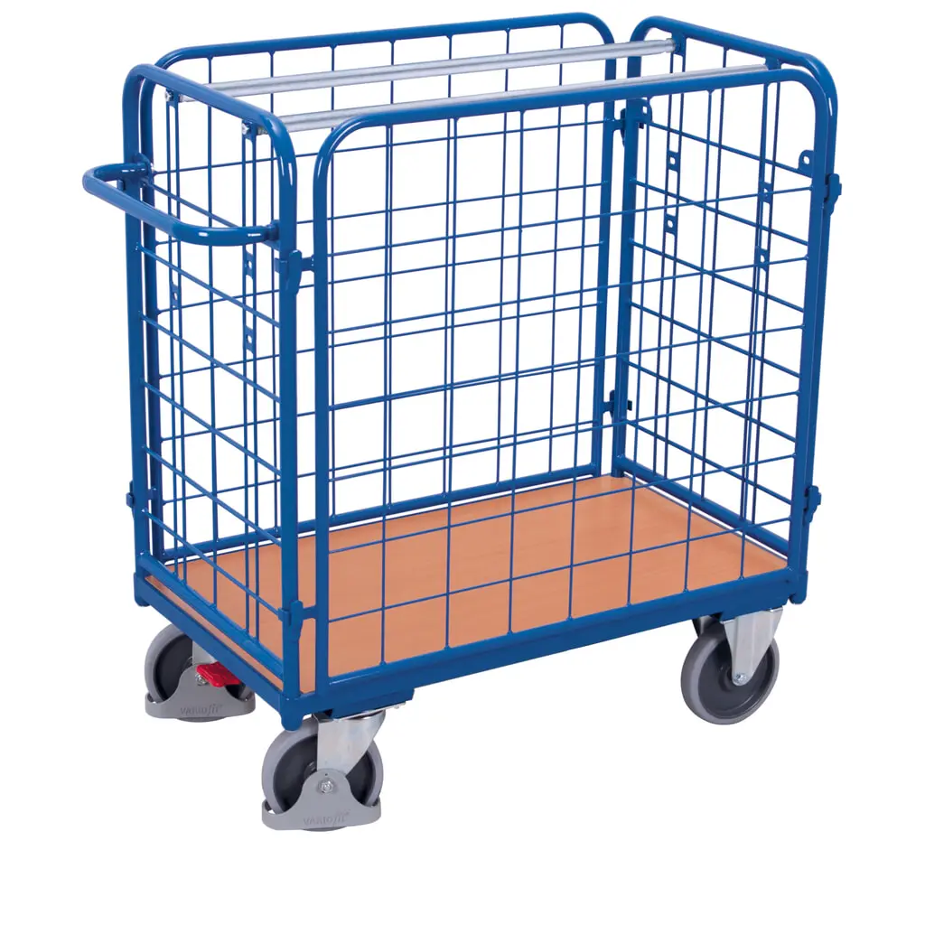Produktabbildung: VARIOfit® 4-seitiger Rollbehälter, 4 Gitterwände, EasySTOP®-Bremssystem, HxBxT 1180 mm x 1040 mm x 540 mm, enzianblau
