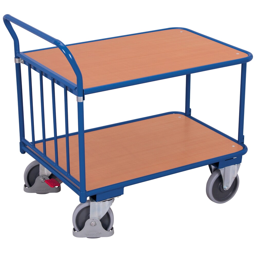 Produktabbildung: VARIOfit® Tischwagen, 2 Böden aus Holzwerkstoff-Platte, Tragfähigkeit 400 kg, HxBxT 990 mm x 955 mm x 505 mm, enzianblau