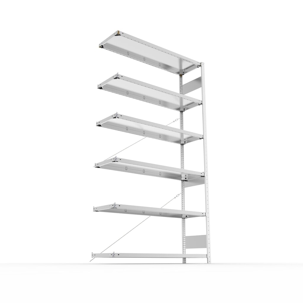 META Fachbodenregal CLIP S3 Anbaufeld, Fachlast 150 kg, zerlegter Rahmen, 6 Fachböden, verzinkt, HxBxT 2500 mm x 1300 mm x 400 mm Produktabbildung Nr. 2: META Fachbodenregal CLIP S3 Anbaufeld, Fachlast 150 kg, zerlegter Rahmen, 6 Fachböden, verzinkt, HxBxT 2500 mm x 1300 mm x 400 mm