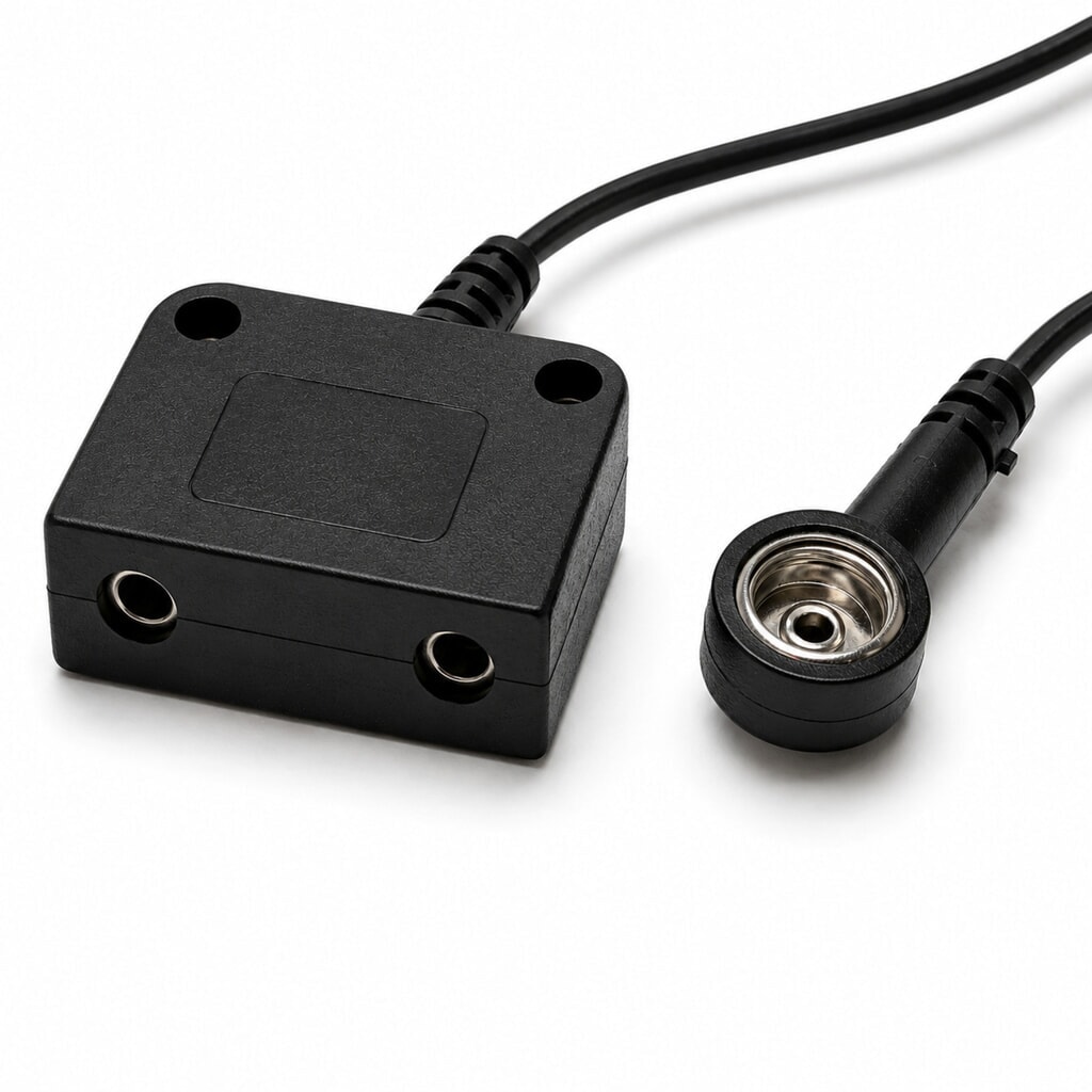 Erdungspunkt mit 2 Anschlüssen für REBOURNE® ESD-Tischauflagen, Steckanschluss Produktabbildung: Erdungspunkt mit 2 Anschlüssen für REBOURNE® ESD-Tischauflagen, Steckanschluss