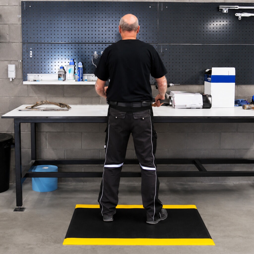 REBOURNE® Anti-Ermüdungsmatte W1, für Standzeit bis 3 Stunden, Elefantenhaut, schwarz/gelb, BxL 910 mm x 1200 mm Produktabbildung Nr. 4: REBOURNE® Anti-Ermüdungsmatte W1, für Standzeit bis 3 Stunden, Elefantenhaut, schwarz/gelb, BxL 910 mm x 1200 mm