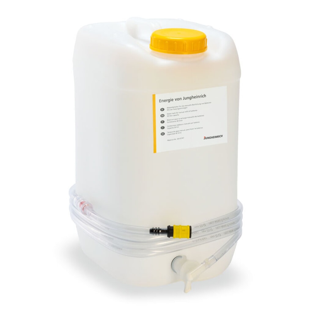 Jungheinrich Wasserbehälter, 10 l inkl. 4 m Schlauch, Absperrhahn, gelbe Deckel, Fließanzeige mit integr. Filter Produktabbildung: Jungheinrich Wasserbehälter, 10 l inkl. 4 m Schlauch, Absperrhahn, gelbe Deckel, Fließanzeige mit integr. Filter