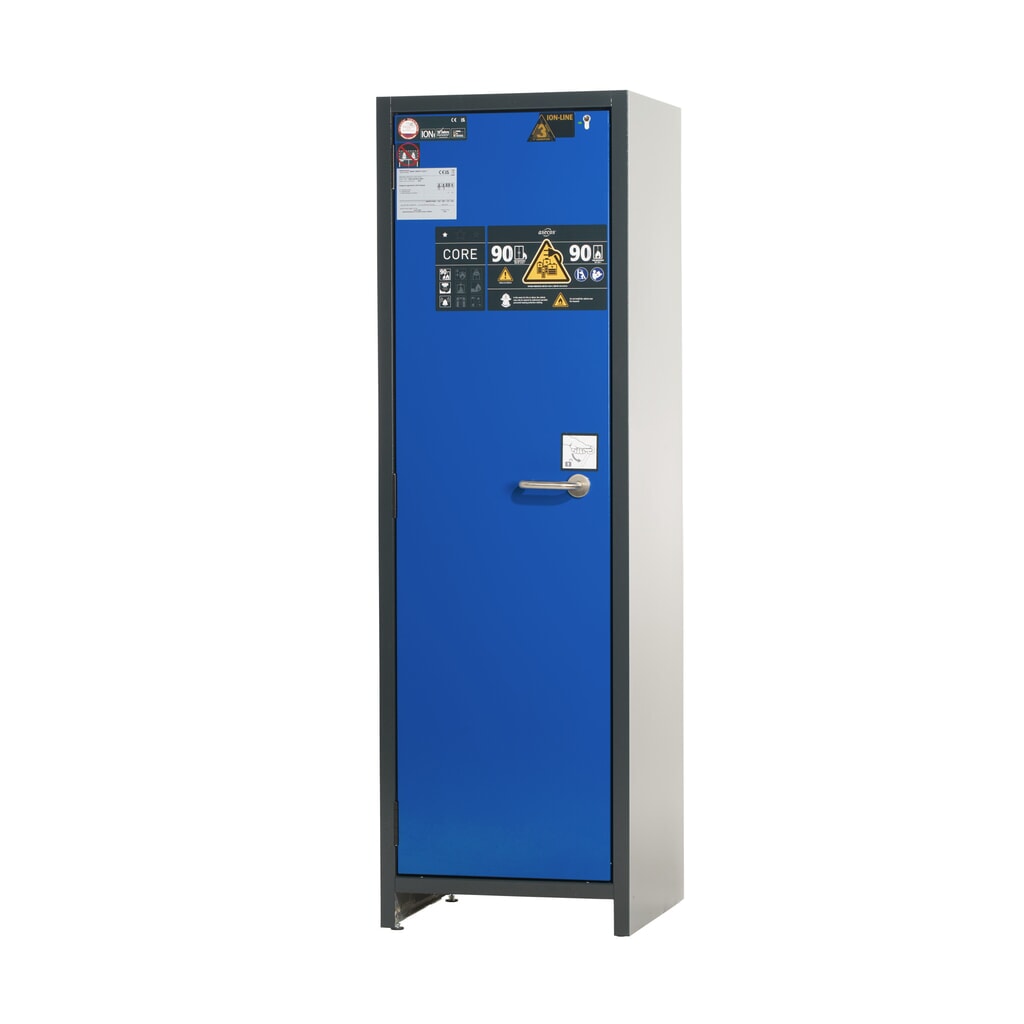 Produktabbildung: asecos® Akku-Sicherheitsschrank Typ 90 für Lithium-Ionen-Batterien ION-CORE-STORE, HxBxT 1.953 x 599 x 615 mm, 3x isolierte Fachböden, 1x Bodenauffangwanne