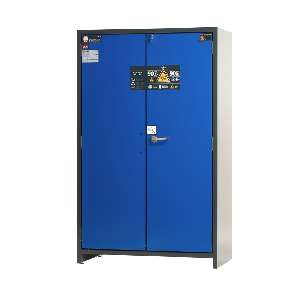 Produktabbildung: asecos® Akku-Sicherheitsschrank Typ 90 für Lithium-Ionen-Batterien ION-CORE-STORE, HxBxT 1.953 x 1.193 x 615 mm, 6x gelochte Fachböden, 1x Bodenauffangwanne