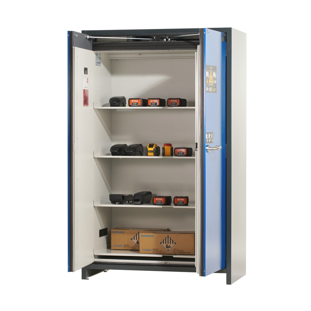 Produktabbildung Nr. 5: asecos® Akku-Sicherheitsschrank Typ 90 für Lithium-Ionen-Batterien ION-CORE-STORE, HxBxT 1.953 x 1.193 x 615 mm, 4x gelochte Fachböden, 1x Bodenauffangwanne