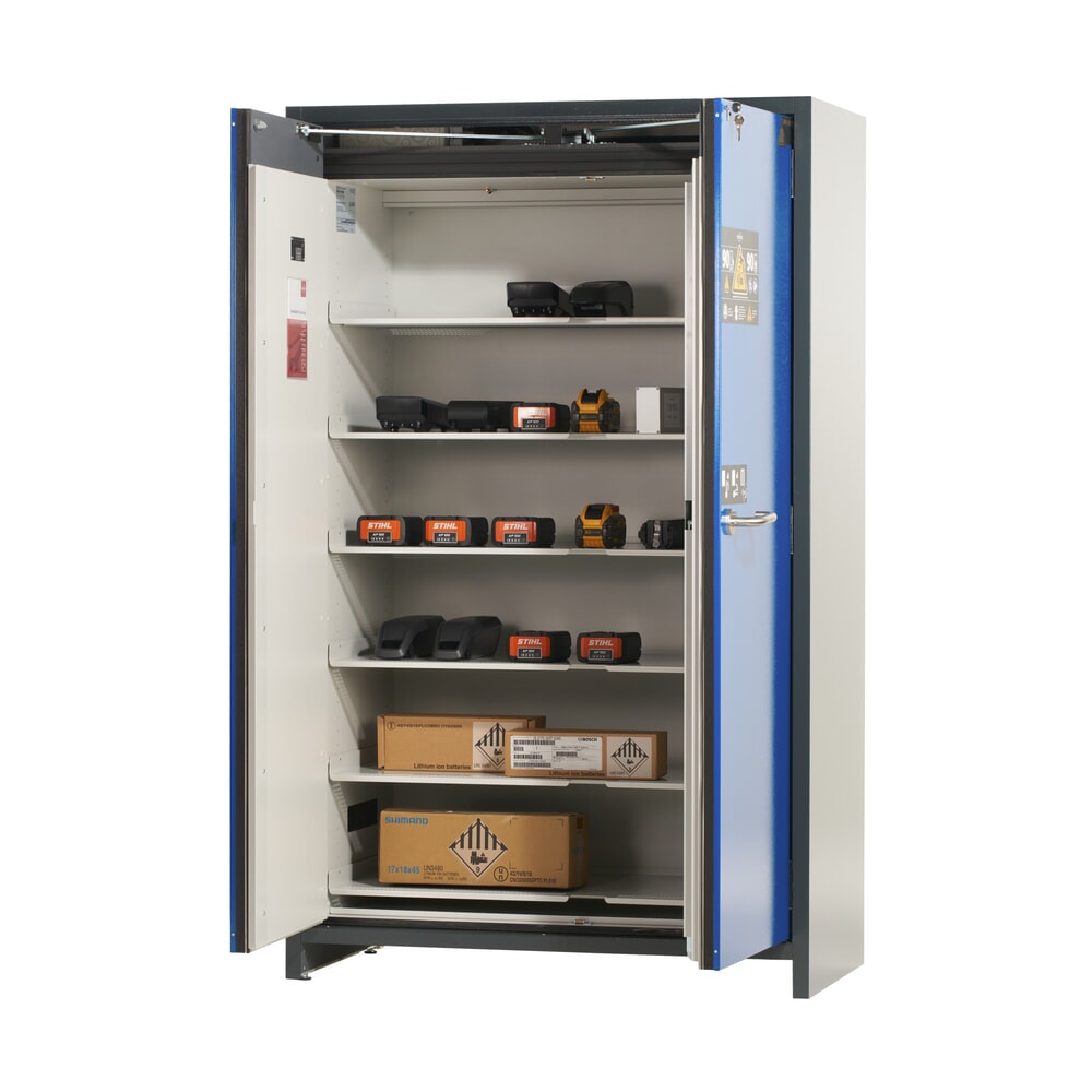 asecos® Akku-Sicherheitsschrank Typ 90 für Lithium-Ionen-Batterien ION-CORE-STORE, HxBxT 1.953 x 1.193 x 615 mm, 6x isolierte Fachböden, 1x Bodenauffangwanne Produktabbildung Nr. 5: asecos® Akku-Sicherheitsschrank Typ 90 für Lithium-Ionen-Batterien ION-CORE-STORE, HxBxT 1.953 x 1.193 x 615 mm, 6x isolierte Fachböden, 1x Bodenauffangwanne