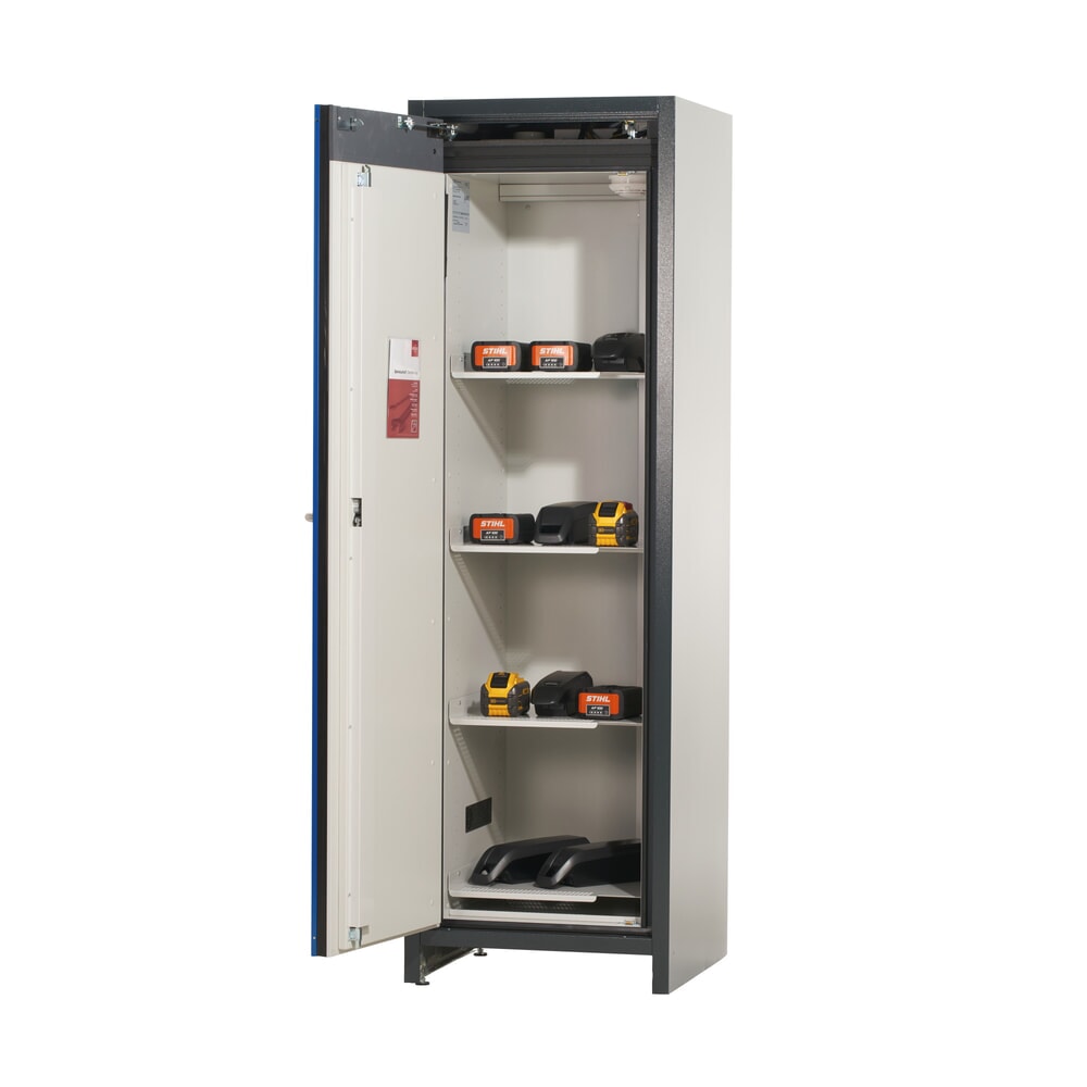 asecos® Akku-Sicherheitsschrank Typ 90 für Lithium-Ionen-Batterien ION-CORE-STORE, HxBxT 1.953 x 599 x 615 mm, 4x isolierte Fachböden, 1x Bodenauffangwanne Produktabbildung Nr. 5: asecos® Akku-Sicherheitsschrank Typ 90 für Lithium-Ionen-Batterien ION-CORE-STORE, HxBxT 1.953 x 599 x 615 mm, 4x isolierte Fachböden, 1x Bodenauffangwanne