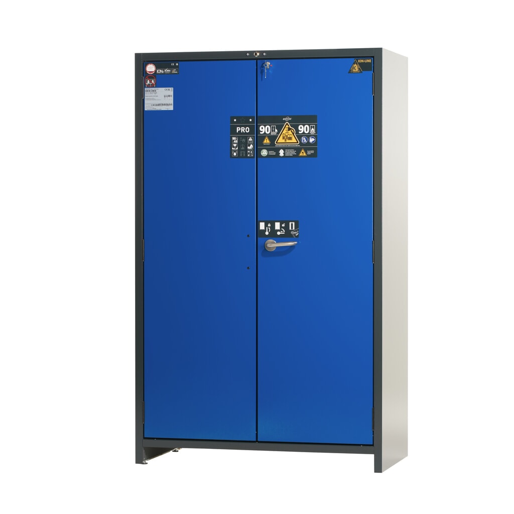 Produktabbildung: asecos® Akku-Sicherheitsschrank Typ 90 für Lithium-Ionen-Batterien ION-PRO-STORE, HxBxT 1.953 x 1.193 x 615 mm, 3x isolierte Fachböden, 1x Bodenauffangwanne