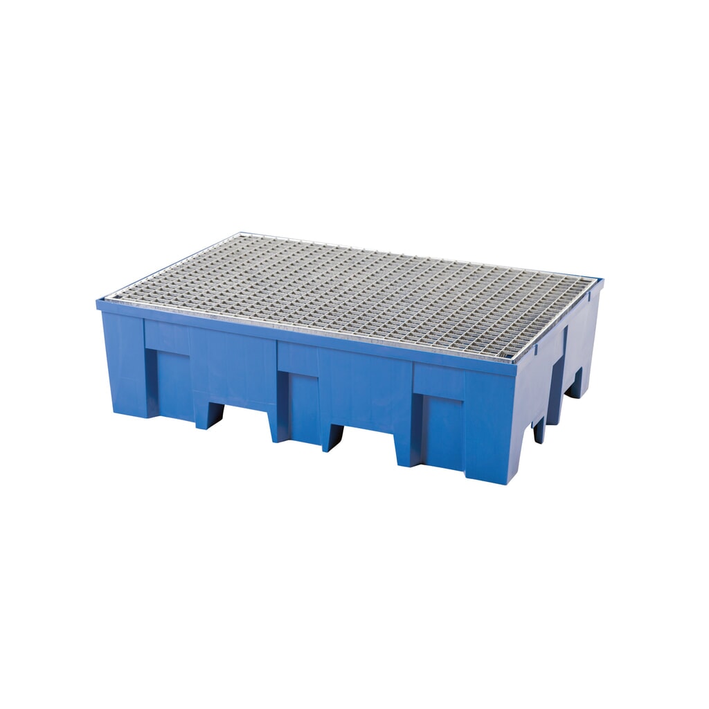 asecos® Auffangwanne aus PE mit Einfahrtaschen, 2x 200 l, HxBxT 350 x 865 x 1.245 mm, verzinkter Gitterrost Produktabbildung: asecos® Auffangwanne aus PE mit Einfahrtaschen, 2x 200 l, HxBxT 350 x 865 x 1.245 mm, verzinkter Gitterrost