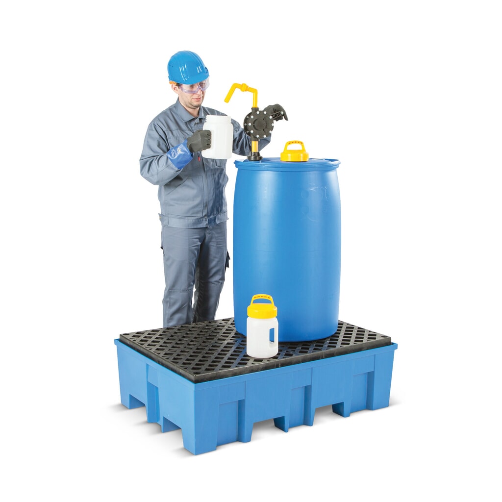 asecos® Auffangwanne aus PE mit Einfahrtaschen, 4x 200 l, HxBxT 300 x 1.235 x 1.235 mm, Gitterrost aus PE Produktabbildung: asecos® Auffangwanne aus PE mit Einfahrtaschen, 4x 200 l, HxBxT 300 x 1.235 x 1.235 mm, Gitterrost aus PE