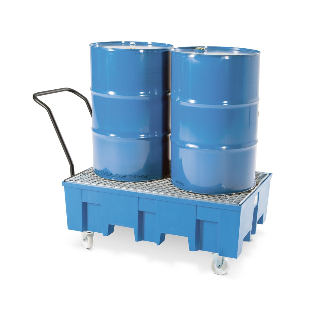 asecos® Auffangwanne aus PE, fahrbar, 2x 200 l, HxBxT 1.030 x 865 x 1.245 mm, verzinkter Gitterrost Produktabbildung: asecos® Auffangwanne aus PE, fahrbar, 2x 200 l, HxBxT 1.030 x 865 x 1.245 mm, verzinkter Gitterrost