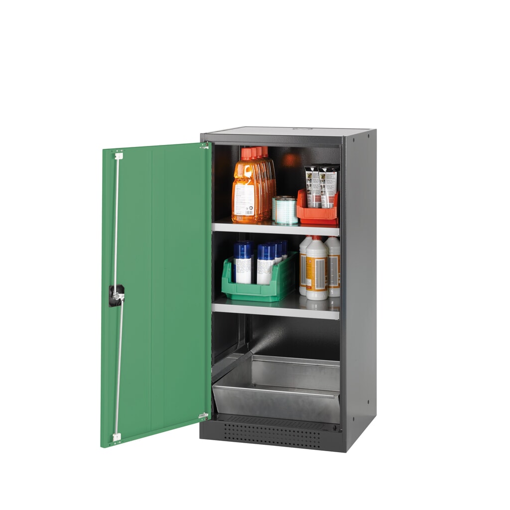 Produktabbildung: asecos® Chemikalienschrank CS-CLASSIC, mit Bodenauffangwanne mit Lochblech und 2 Fachböden, HxBxT 1.105 x 545 x 520 mm, resedagrün