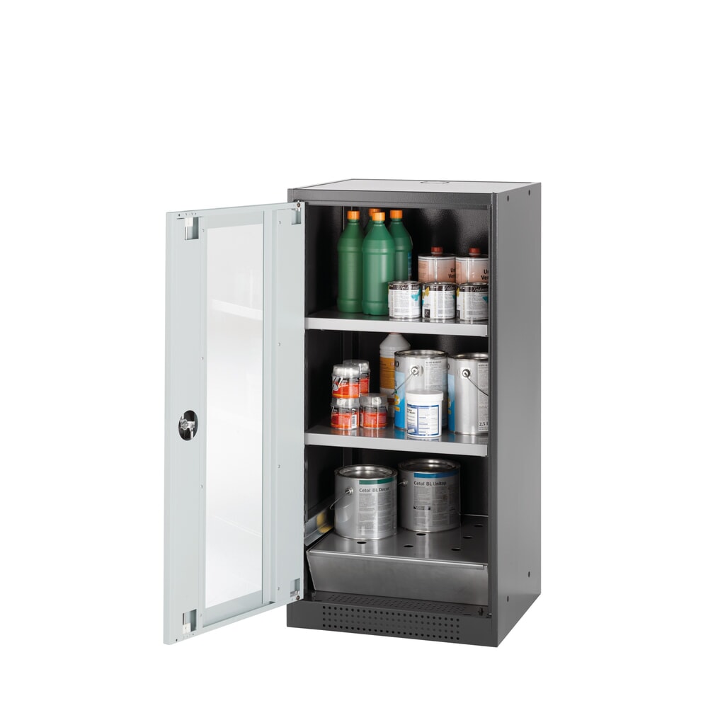 Produktabbildung: asecos® Chemikalienschrank CS-CLASSIC, mit Bodenauffangwanne mit Lochblech und 2 Fachböden, HxBxT 1.105 x 545 x 520 mm, lichtgrau