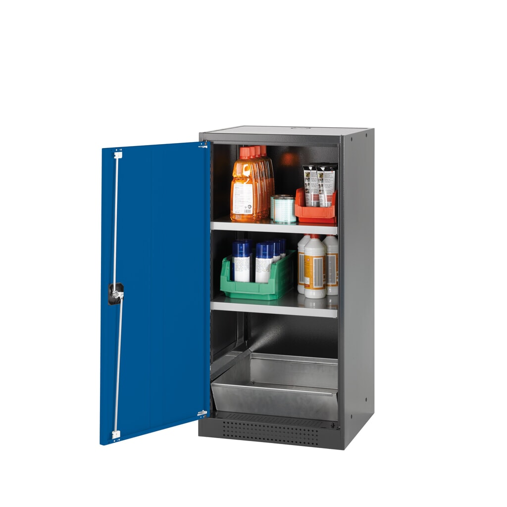 Produktabbildung: asecos® Chemikalienschrank CS-CLASSIC, mit Bodenauffangwanne mit Lochblech und 2 Fachböden, HxBxT 1.105 x 545 x 520 mm, enzianblau