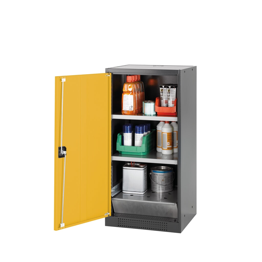 asecos® Chemikalienschrank CS-CLASSIC, mit Bodenauffangwanne mit Lochblech und 2 Fachböden, HxBxT 1.105 x 545 x 520 mm, goldgelb Produktabbildung: asecos® Chemikalienschrank CS-CLASSIC, mit Bodenauffangwanne mit Lochblech und 2 Fachböden, HxBxT 1.105 x 545 x 520 mm, goldgelb