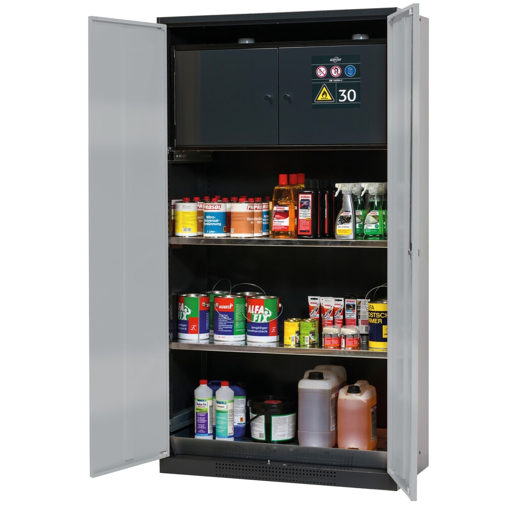 Produktabbildung: asecos® Chemikalienschrank CS-CLASSIC-F, mit Typ-30-Sicherheitsbox, Bodenauffangwanne mit Lochblech und 2 Fachböden, HxBxT 1.950 x 1.055 x 520  mm, silber