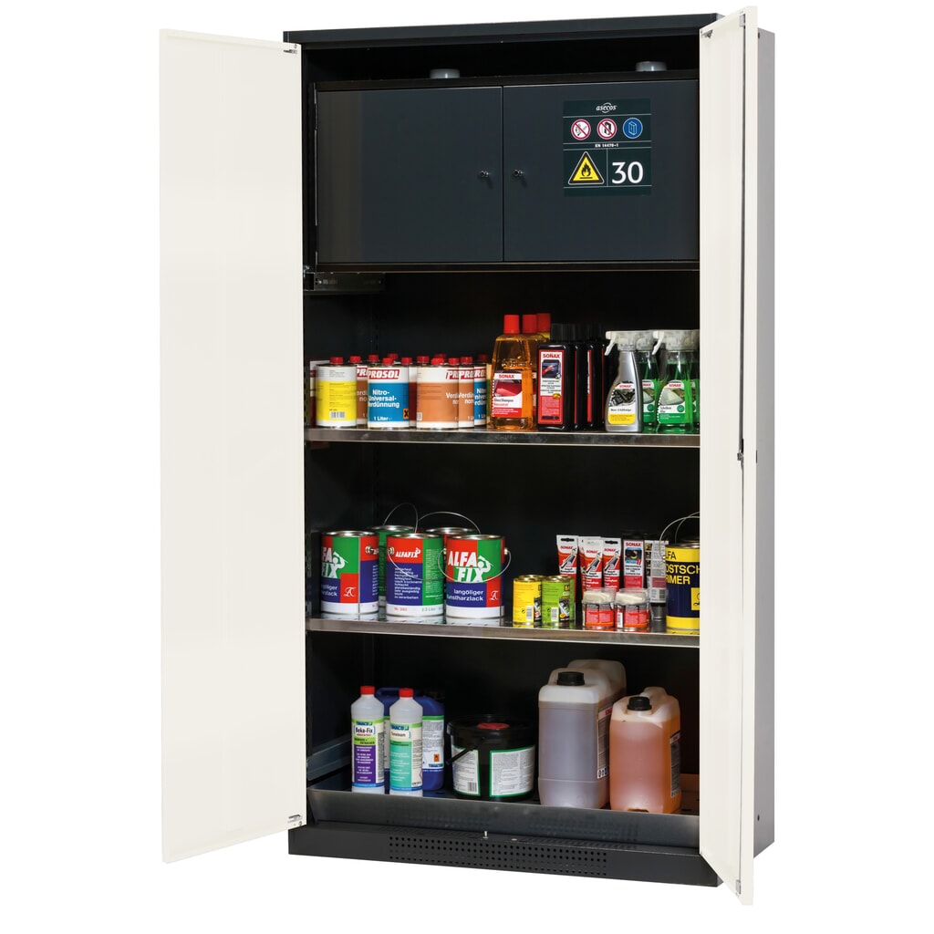 asecos® Chemikalienschrank CS-CLASSIC-F, mit Typ-30-Sicherheitsbox, Bodenauffangwanne mit Lochblech und 2 Fachböden, HxBxT 1.950 x 1.055 x 520 mm, reinweiß Produktabbildung: asecos® Chemikalienschrank CS-CLASSIC-F, mit Typ-30-Sicherheitsbox, Bodenauffangwanne mit Lochblech und 2 Fachböden, HxBxT 1.950 x 1.055 x 520 mm, reinweiß