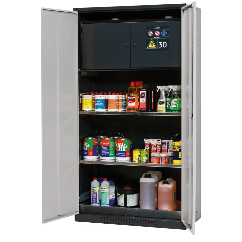 Produktabbildung: asecos® Chemikalien- und Giftschrank mit Sicherheitsbox Typ 30, 2 Fachböden, 1 Bodenwanne, lichtgrau