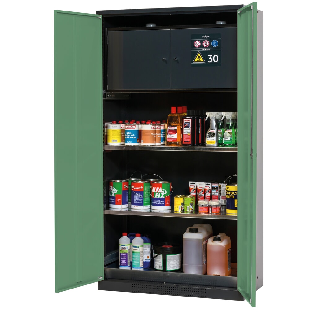 asecos® Chemikalienschrank CS-CLASSIC-F, mit Typ-30-Sicherheitsbox, Bodenauffangwanne mit Lochblech und 2 Fachböden, HxBxT 1.950 x 1.055 x 520 mm, resedagrün Produktabbildung: asecos® Chemikalienschrank CS-CLASSIC-F, mit Typ-30-Sicherheitsbox, Bodenauffangwanne mit Lochblech und 2 Fachböden, HxBxT 1.950 x 1.055 x 520 mm, resedagrün