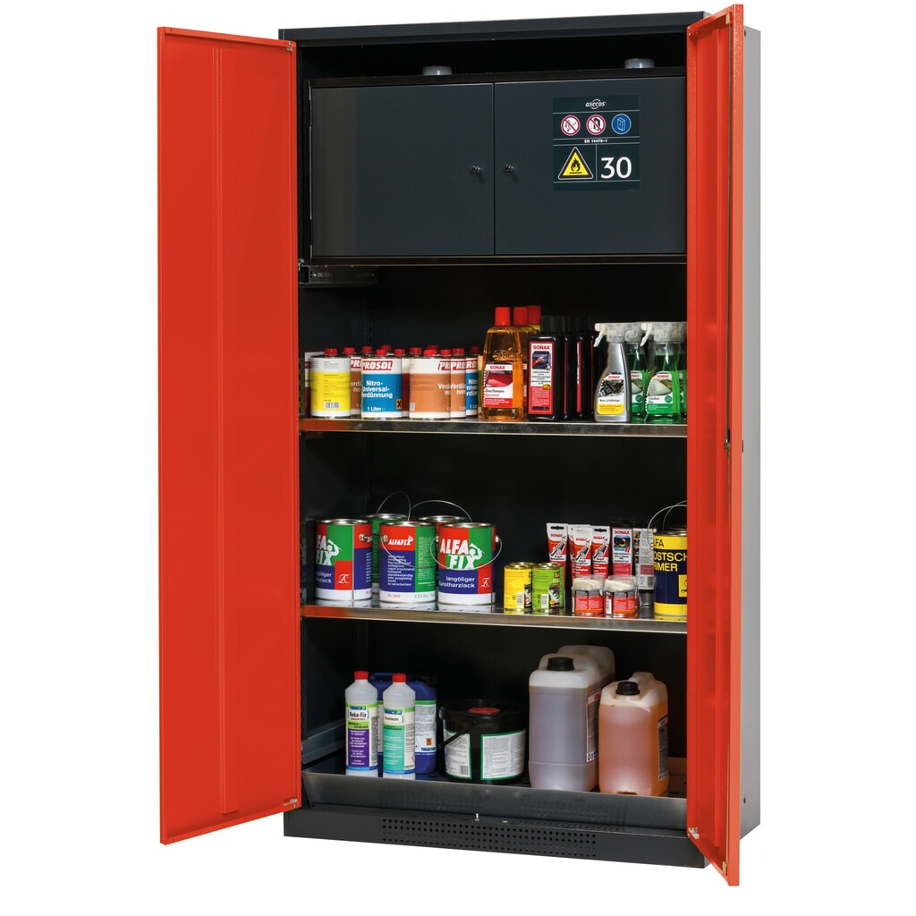 Produktabbildung: asecos® Chemikalienschrank CS-CLASSIC-F, mit Typ-30-Sicherheitsbox, Bodenauffangwanne mit Lochblech und 2 Fachböden, HxBxT 1.950 x 1.055 x 520  mm, verkehrsrot