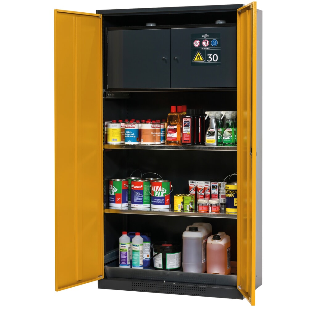 Produktabbildung: asecos® Chemikalienschrank CS-CLASSIC-F, mit Typ-30-Sicherheitsbox, Bodenauffangwanne mit Lochblech und 2 Fachböden, HxBxT 1.950 x 1.055 x 520  mm, goldgelb