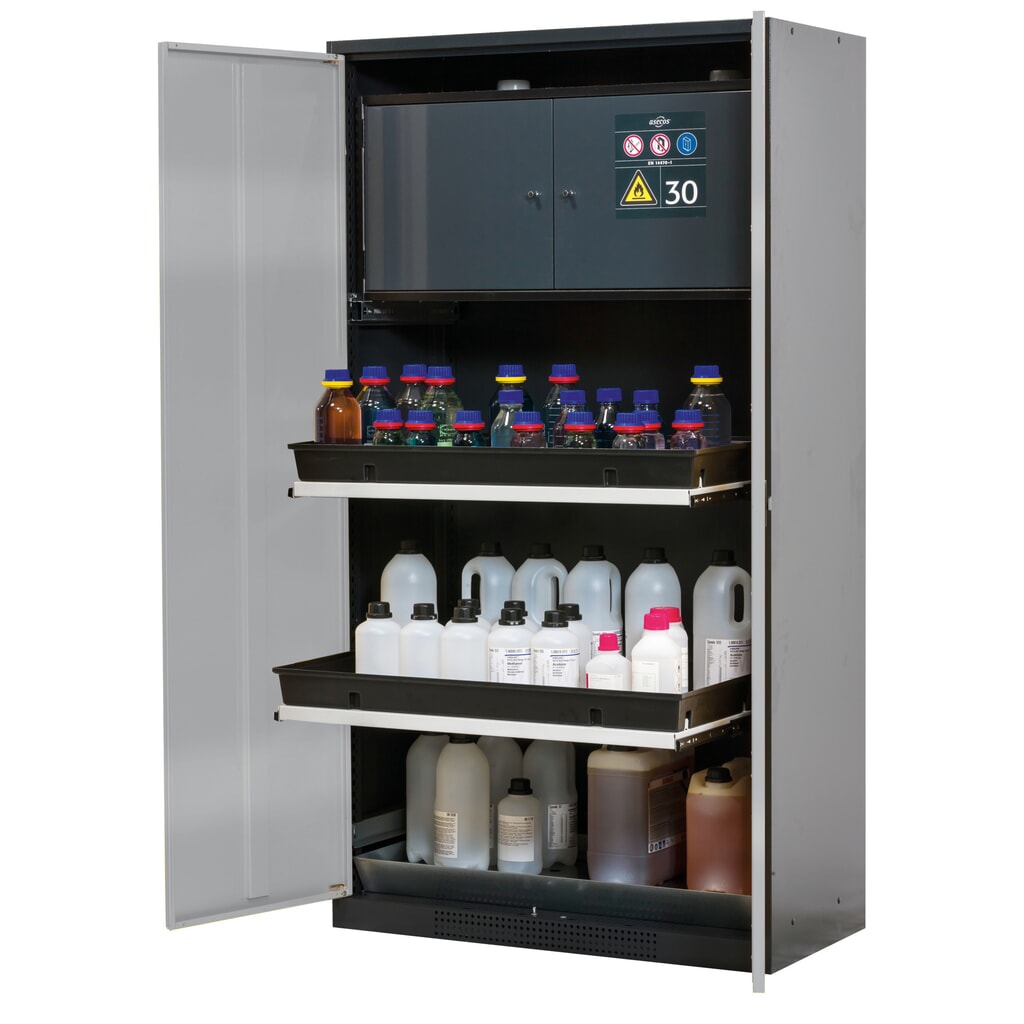 asecos® Chemikalienschrank CS-CLASSIC-F, mit Typ-30-Sicherheitsbox, PP-Wanne und 3 Tablarauszügen, HxBxT 1.950 x 1.055 x 520 mm, silber Produktabbildung: asecos® Chemikalienschrank CS-CLASSIC-F, mit Typ-30-Sicherheitsbox, PP-Wanne und 3 Tablarauszügen, HxBxT 1.950 x 1.055 x 520 mm, silber