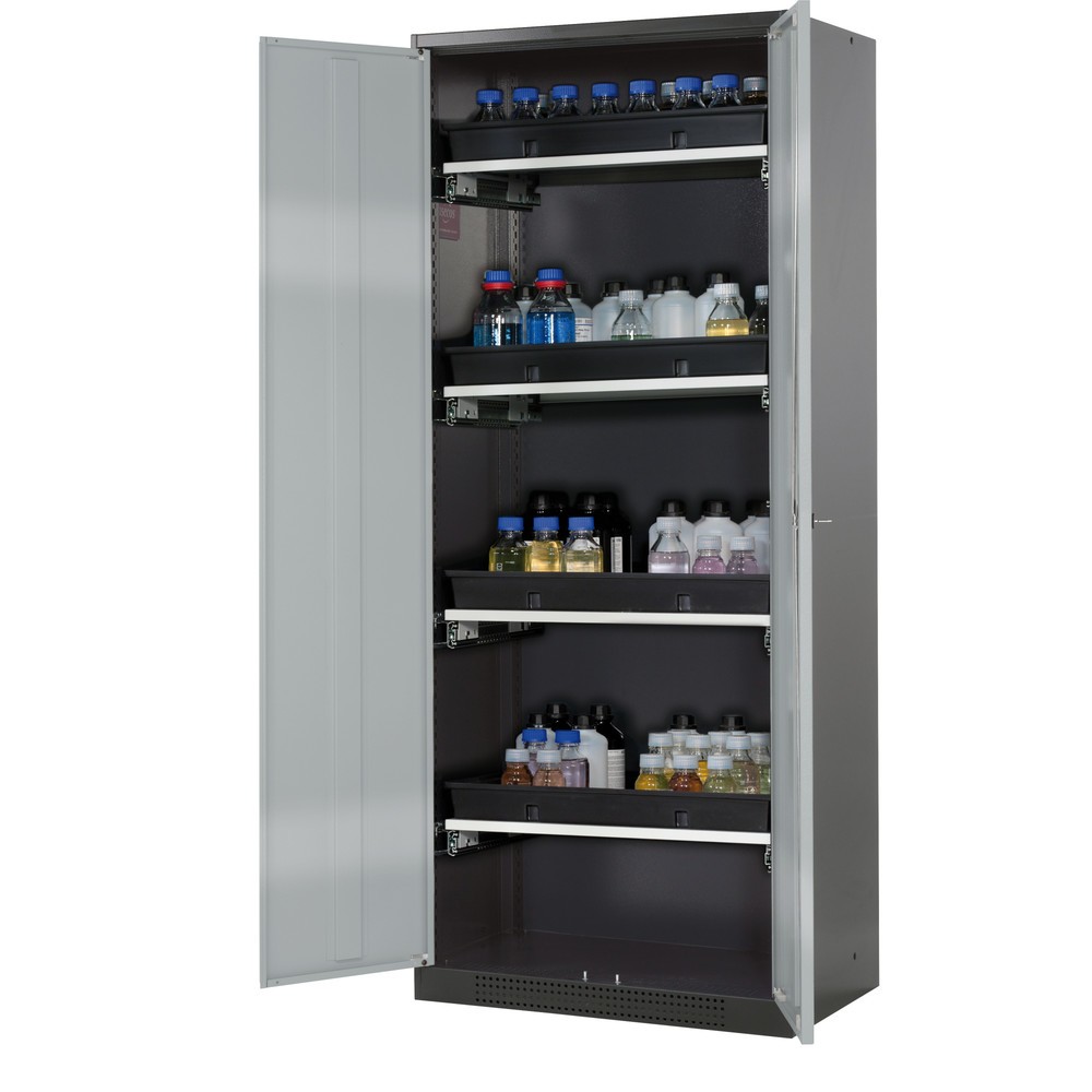 Produktabbildung: asecos® Chemikalien- und Giftschrank mit Tablarauszügen, HxBxT 1.950 x 810 x 520 mm, weißaluminium