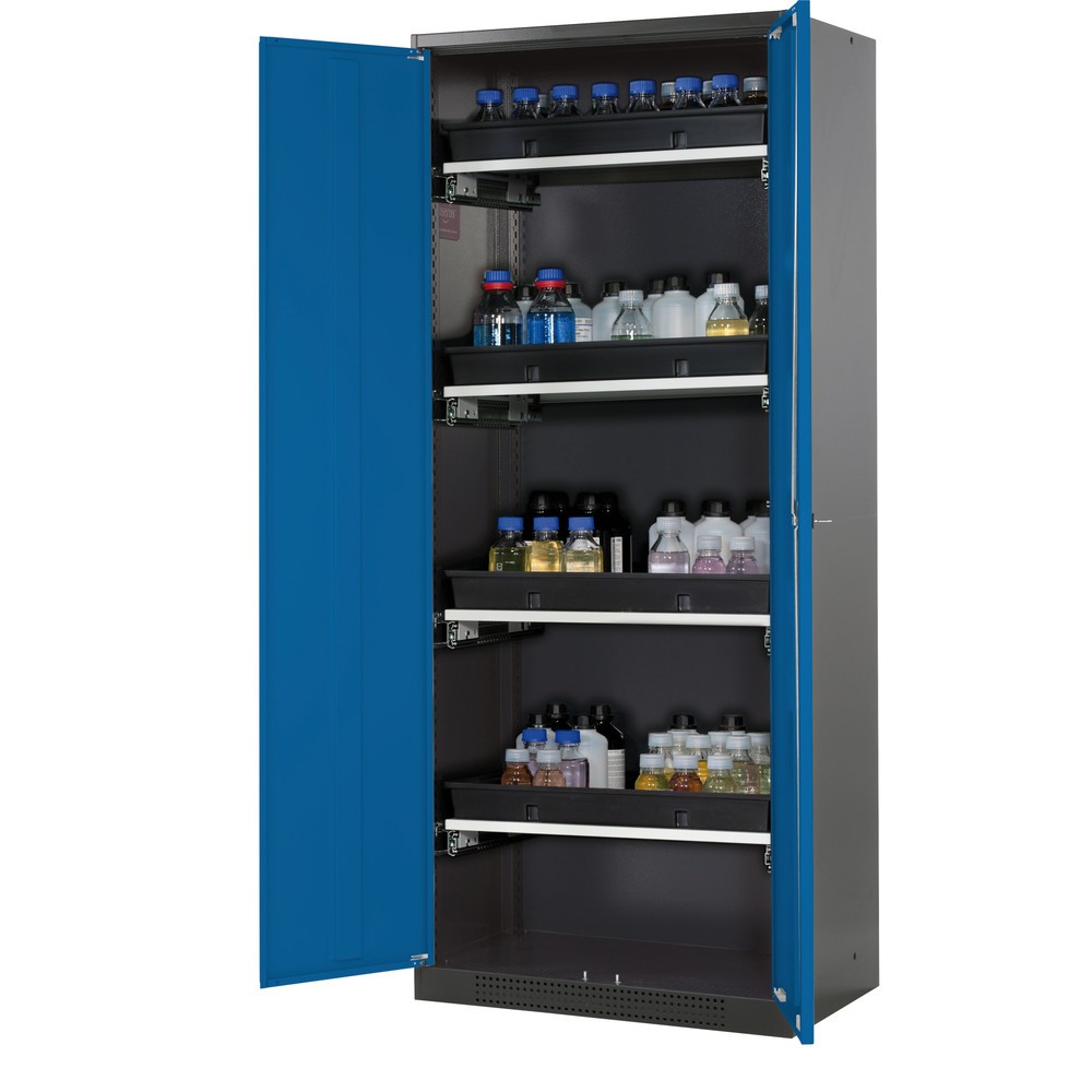 Produktabbildung: asecos® Chemikalien- und Giftschrank mit Tablarauszügen, HxBxT 1.950 x 810 x 520 mm, enzianblau
