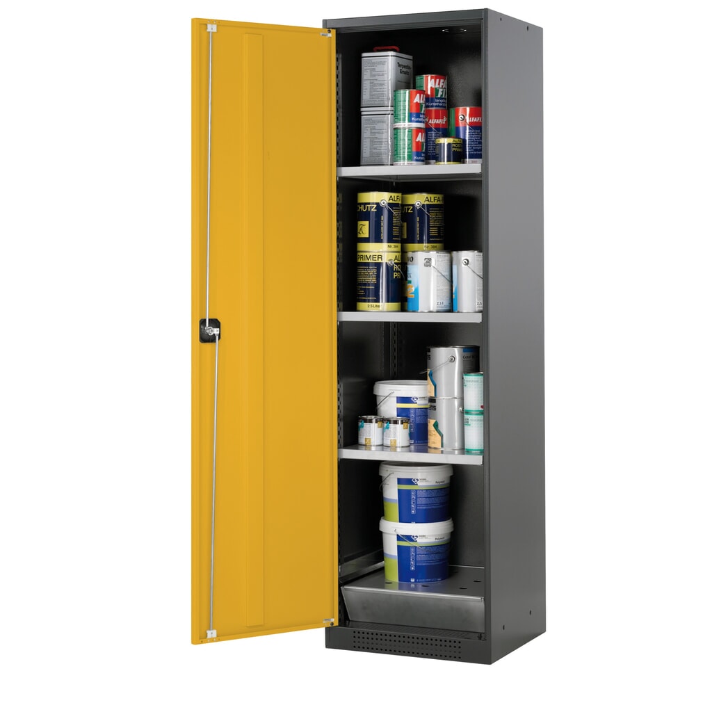 asecos® Chemikalienschrank CS-CLASSIC, mit Bodenauffangwanne mit Lochblech und 3 Fachböden, HxBxT 1.950 x 545 x 520 mm, goldgelb Produktabbildung: asecos® Chemikalienschrank CS-CLASSIC, mit Bodenauffangwanne mit Lochblech und 3 Fachböden, HxBxT 1.950 x 545 x 520 mm, goldgelb