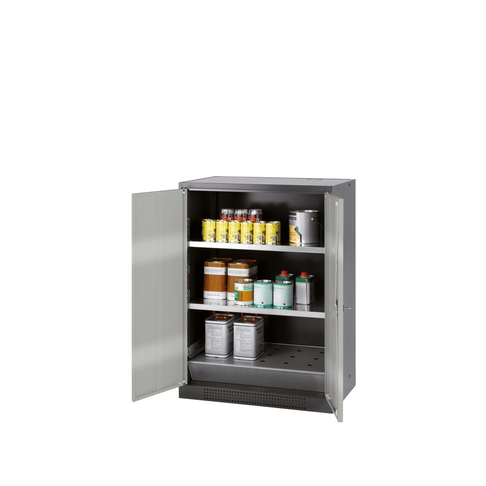 Produktabbildung: asecos® Chemikalienschrank CS-CLASSIC, mit Bodenauffangwanne mit Lochblech und 2 Fachböden, HxBxT 1.105 x 810 x 520 mm, silber