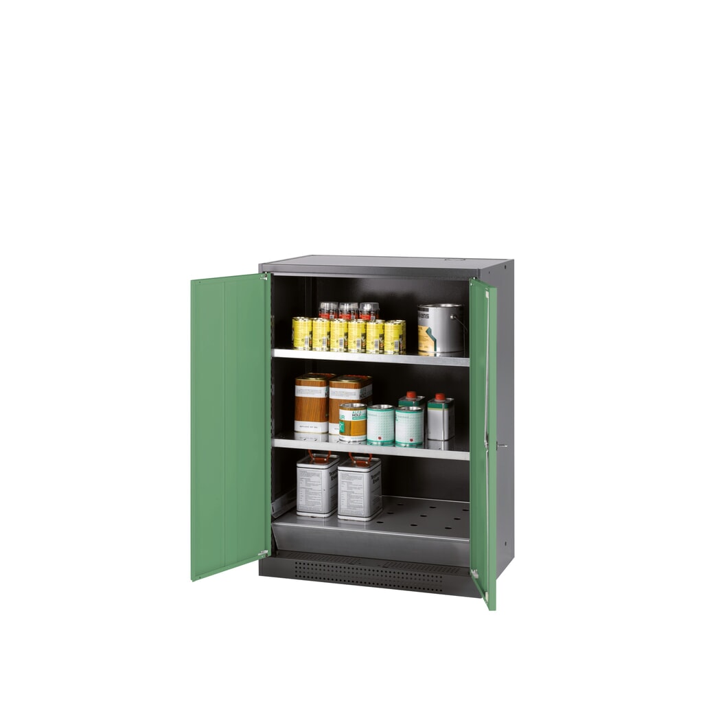 asecos® Chemikalienschrank CS-CLASSIC, mit Bodenauffangwanne mit Lochblech und 2 Fachböden, HxBxT 1.105 x 810 x 520 mm, resedagrün Produktabbildung: asecos® Chemikalienschrank CS-CLASSIC, mit Bodenauffangwanne mit Lochblech und 2 Fachböden, HxBxT 1.105 x 810 x 520 mm, resedagrün