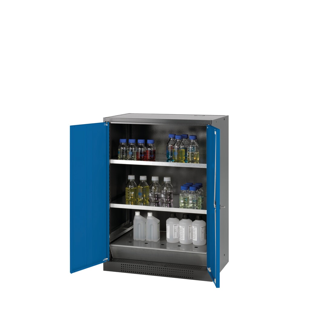 asecos® Chemikalienschrank CS-CLASSIC, mit Bodenauffangwanne mit Lochblech und 2 Fachböden, HxBxT 1.105 x 810 x 520 mm, enzianblau Produktabbildung: asecos® Chemikalienschrank CS-CLASSIC, mit Bodenauffangwanne mit Lochblech und 2 Fachböden, HxBxT 1.105 x 810 x 520 mm, enzianblau