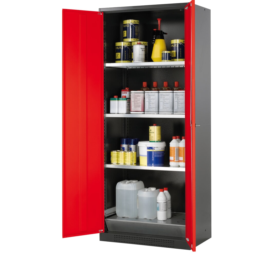 Produktabbildung: asecos® Chemikalienschrank CS-CLASSIC, mit Bodenauffangwanne mit Lochblech und 3 Fachböden, HxBxT 1.950 x 810 x 520 mm, verkehrsrot