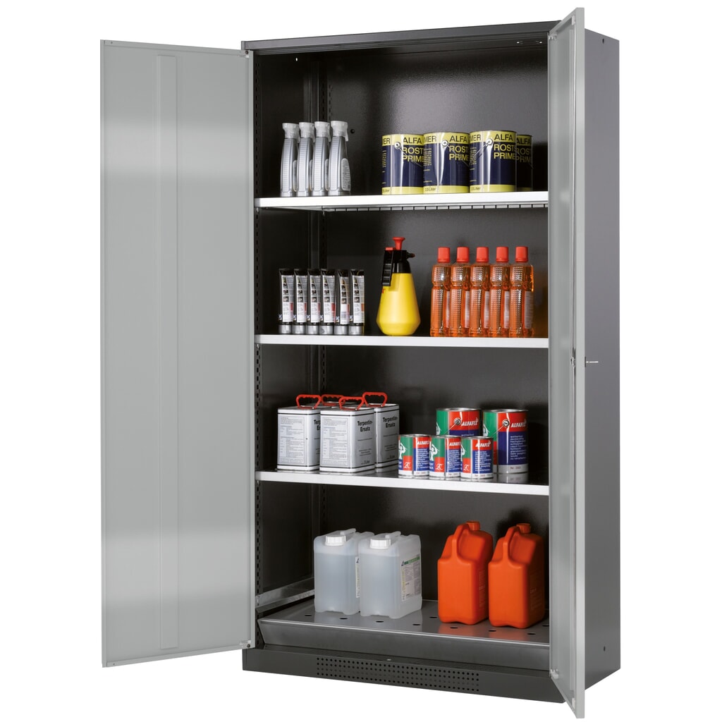 asecos® Chemikalienschrank CS-CLASSIC, mit Bodenauffangwanne mit Lochblech und 3 Fachböden, HxBxT 1.950 x 1.055 x 520 mm, silber Produktabbildung: asecos® Chemikalienschrank CS-CLASSIC, mit Bodenauffangwanne mit Lochblech und 3 Fachböden, HxBxT 1.950 x 1.055 x 520 mm, silber