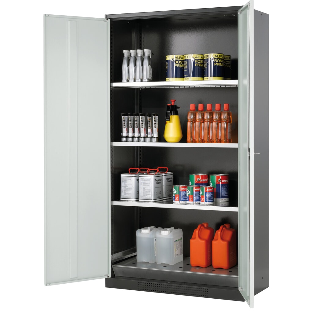 asecos® Chemikalienschrank CS-CLASSIC, mit Bodenauffangwanne mit Lochblech und 3 Fachböden, HxBxT 1.950 x 1.055 x 520 mm, lichtgrau Produktabbildung: asecos® Chemikalienschrank CS-CLASSIC, mit Bodenauffangwanne mit Lochblech und 3 Fachböden, HxBxT 1.950 x 1.055 x 520 mm, lichtgrau