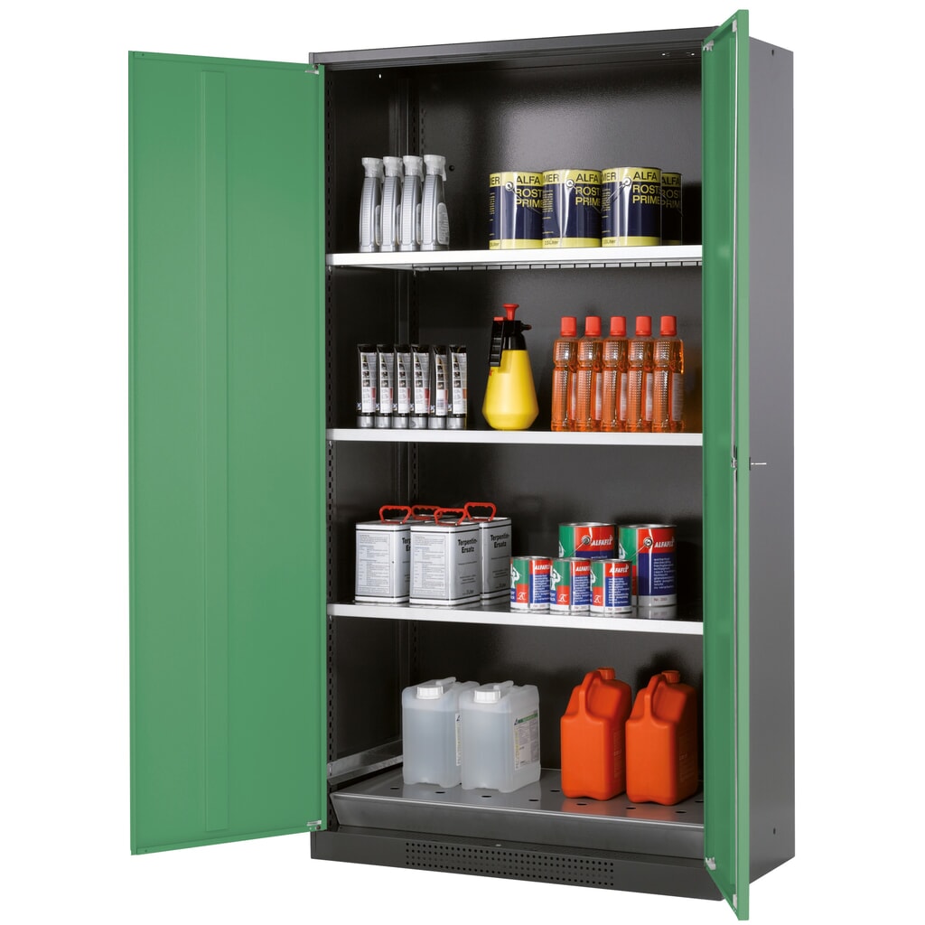 Produktabbildung: asecos® Chemikalienschrank CS-CLASSIC, mit Bodenauffangwanne mit Lochblech und 3 Fachböden, HxBxT 1.950 x 1.055 x 520  mm, resedagrün