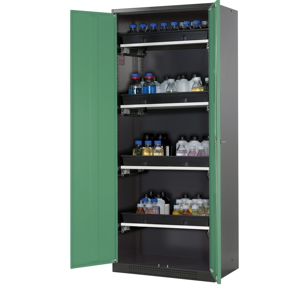 Produktabbildung: asecos® Chemikalienschrank CS-CLASSIC, mit 4 Tablarauszügen und PP-Wanne, HxBxT 1.950 x 810 x 520 mm, resedagrün