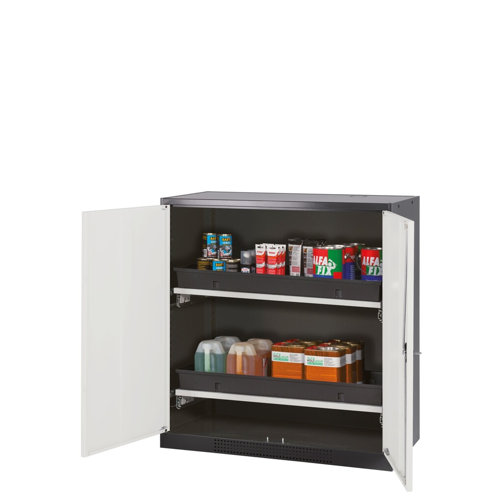asecos® Chemikalienschrank CS-CLASSIC, mit 2 Tablarauszügen und PP-Wanne, HxBxT 1.105 x 1.055 x 520 mm, silber Produktabbildung: asecos® Chemikalienschrank CS-CLASSIC, mit 2 Tablarauszügen und PP-Wanne, HxBxT 1.105 x 1.055 x 520 mm, silber